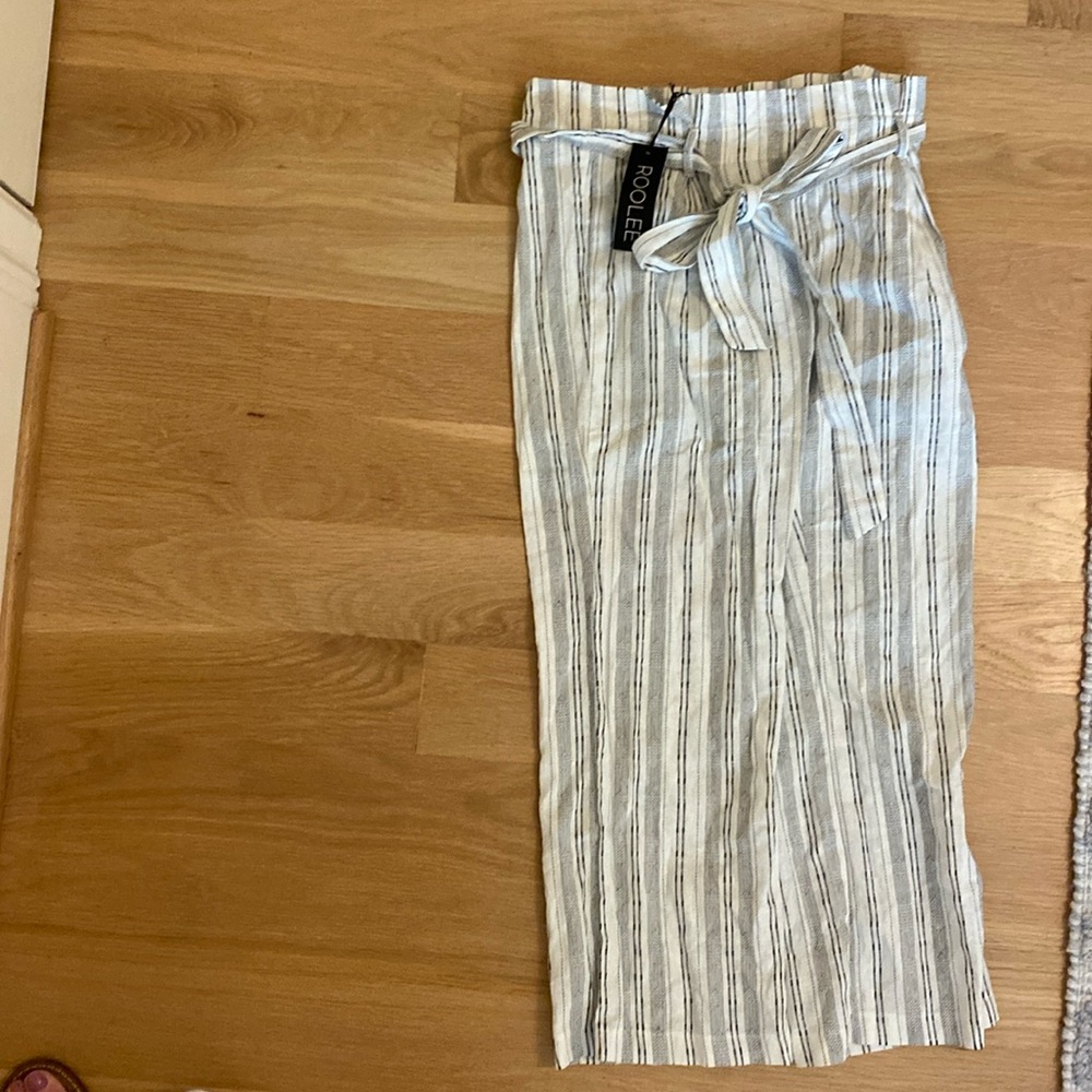 Roolee linen white and black stripped pants with belt, new with tags